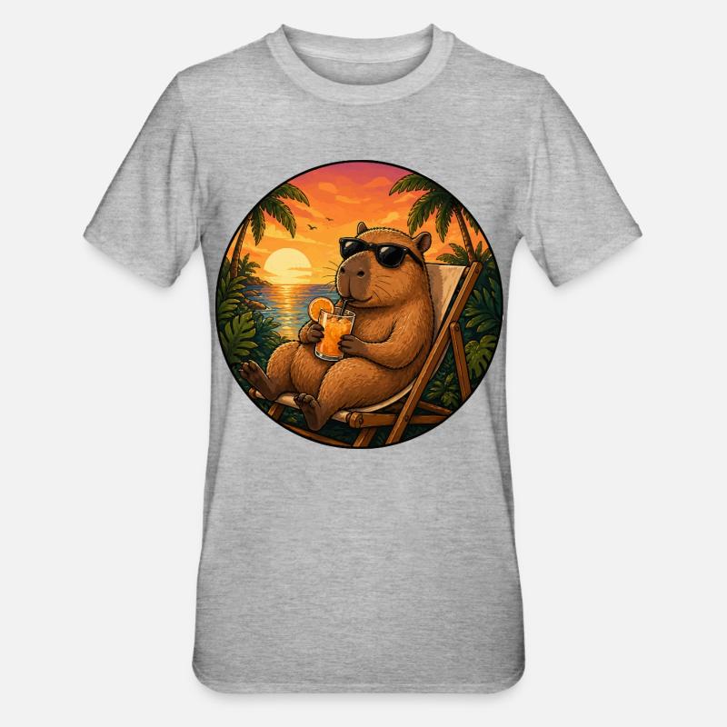 Capibara sur une chaise longue - T-shirt polycoton Unisexe - gris chiné