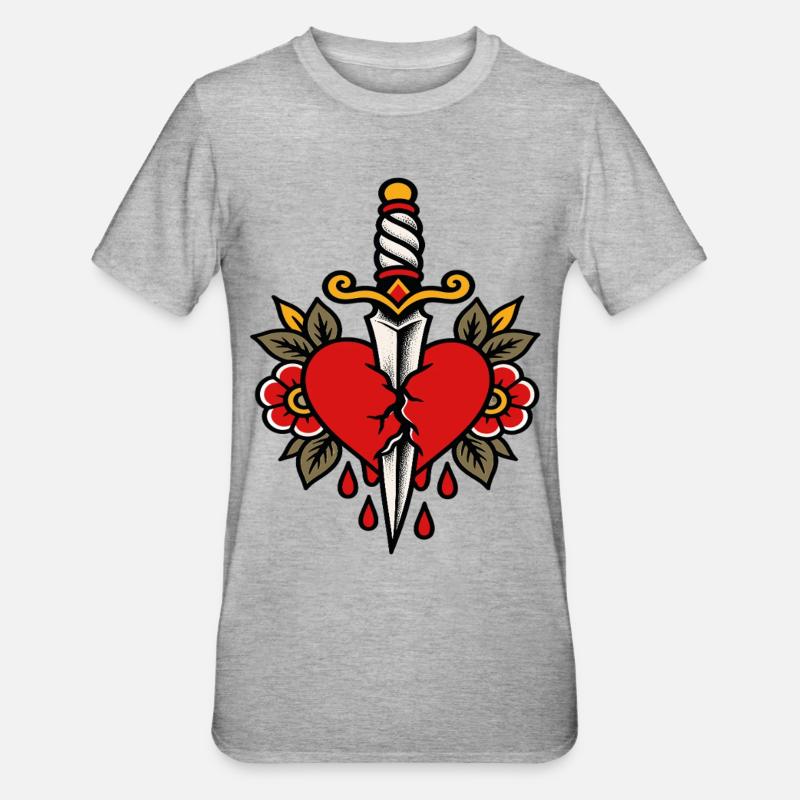 Herz-Pierced Dagger-Tattoo-Stil - Unisex Polycotton T-Shirt - Grau meliert
