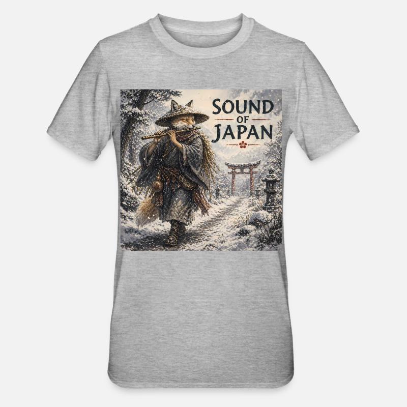 Japanese Kitsune Flute Design - Unisex Polycotton T-Shirt - heather grey