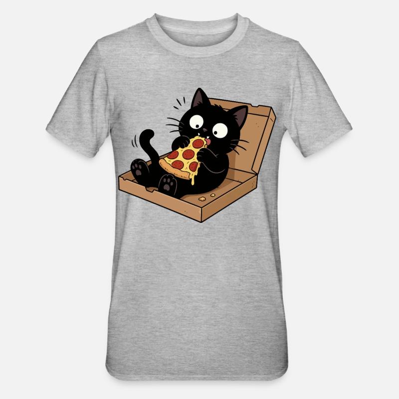 Chat noir savourant une pizza - T-shirt polycoton Unisexe - gris chiné