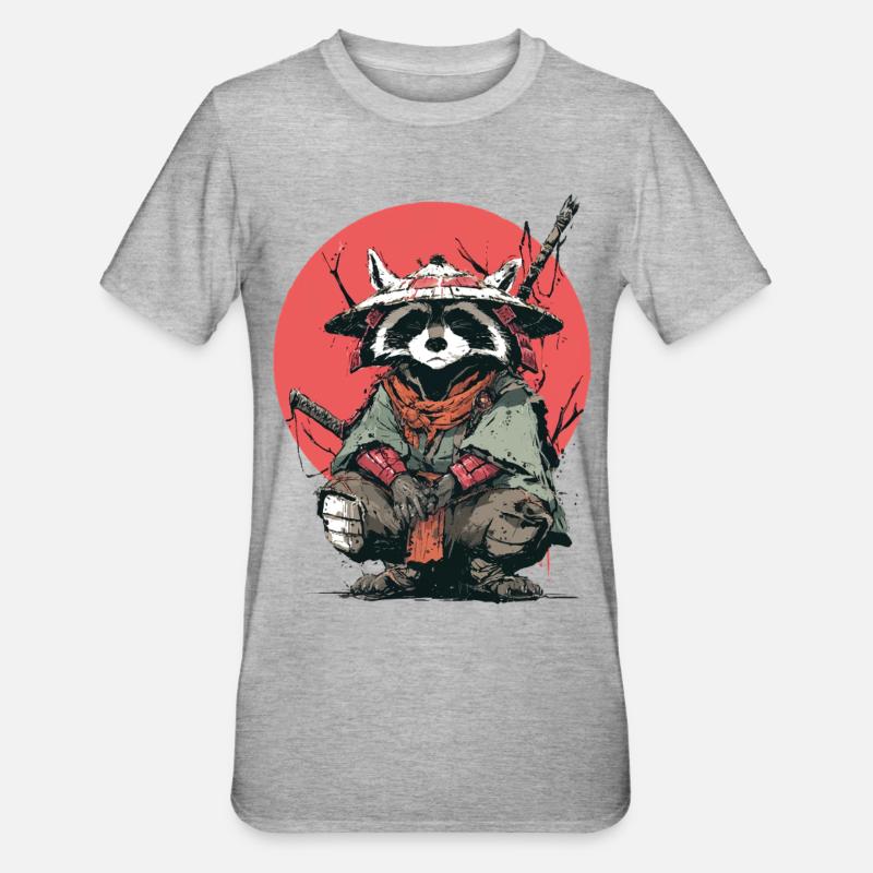 Raccoon Samurai in Red Moon - Unisex Polycotton T-Shirt - heather grey