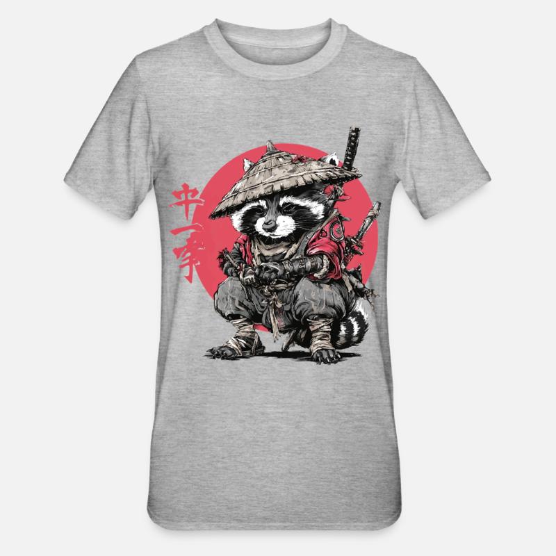 Raccoon Samurai in Red Circle - Unisex Polycotton T-Shirt - heather grey