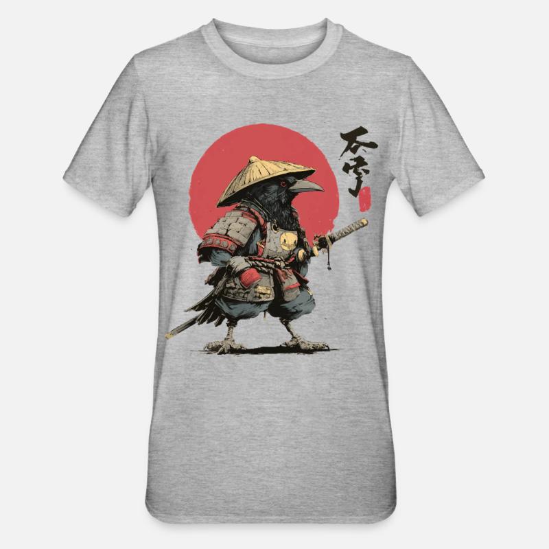 Krähen-Samurai: Roter Sonnenkrieger - Unisex Polycotton T-Shirt - Grau meliert
