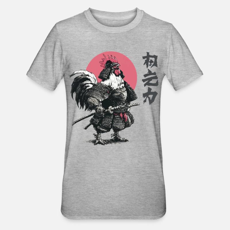 Imprimé d’armure samouraï coq - T-shirt polycoton Unisexe - gris chiné