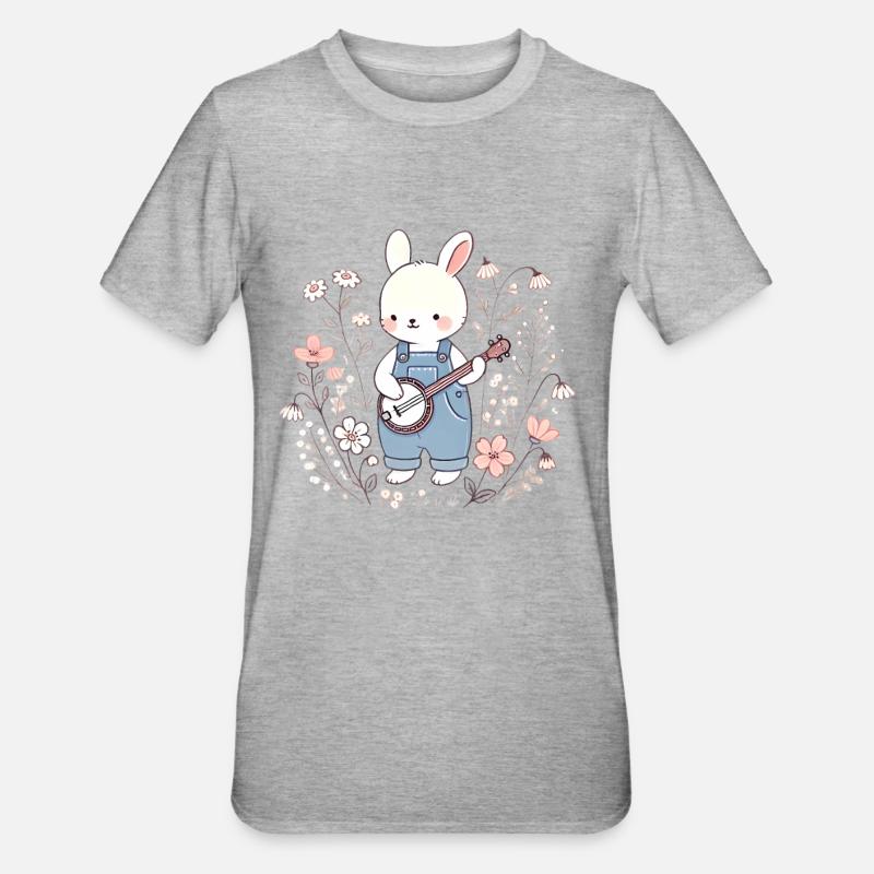 Lapin Banjo dans le champ de fleurs - T-shirt polycoton Unisexe - gris chiné