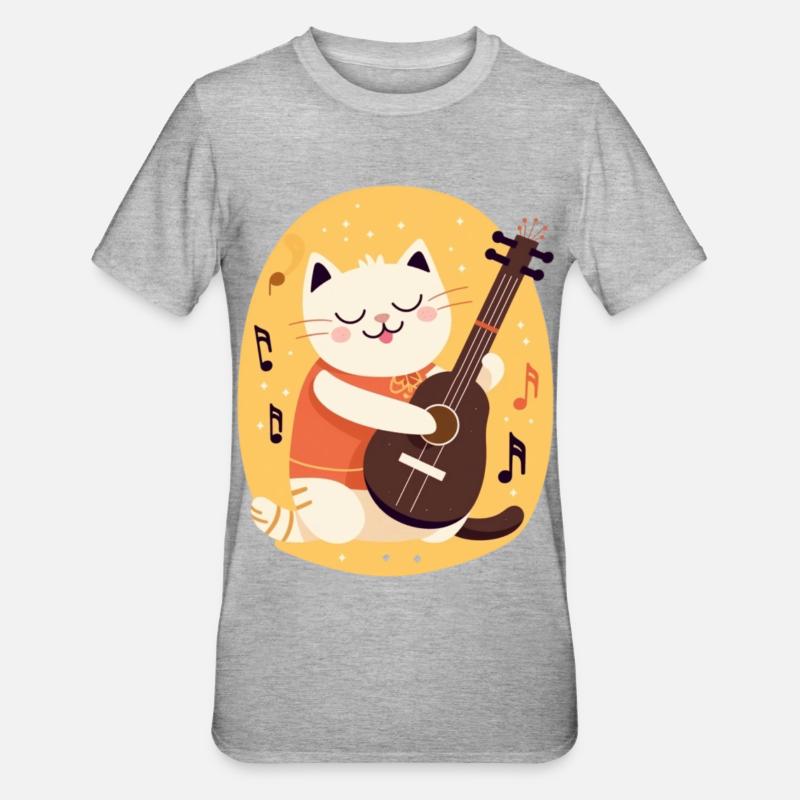 Chat mignon avec guitare - T-shirt polycoton Unisexe - gris chiné