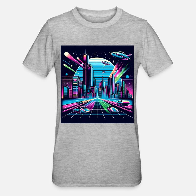 Synthwave City with UFOs - Unisex Polycotton T-Shirt - heather grey