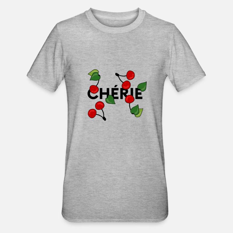 cherry „chérie“ Statement mit Kirschen - Unisex Polycotton T-Shirt - Grau meliert