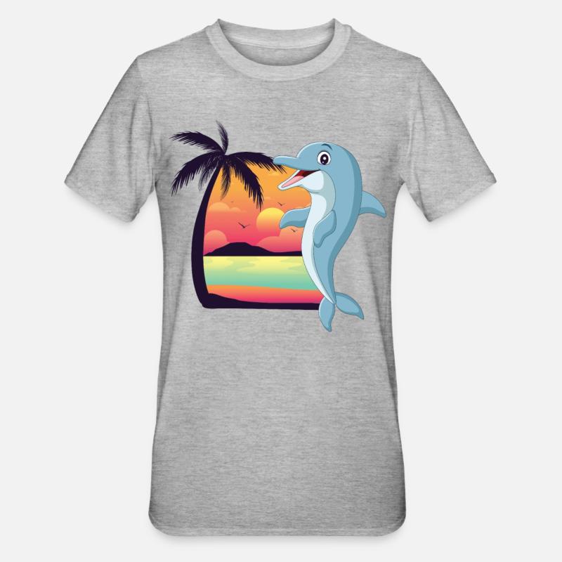 Dolphin Beach Palm Tree Sunset - Unisex Polycotton T-Shirt - heather grey