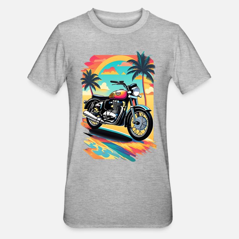Moto rétro sur une plage tropicale - T-shirt polycoton Unisexe - gris chiné