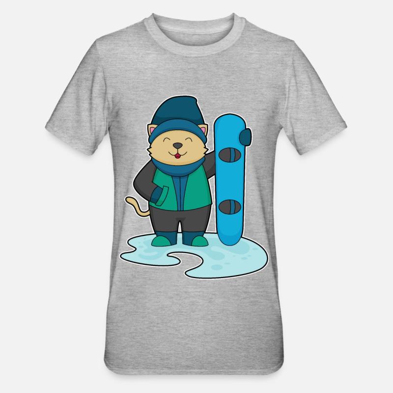 Chat comme snowboarder avec snowboard - T-shirt polycoton Unisexe - gris chiné