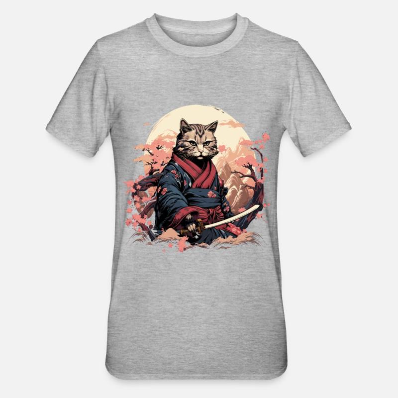 Ninja Cat Samurai Artwork - Unisex Polycotton T-Shirt - heather grey