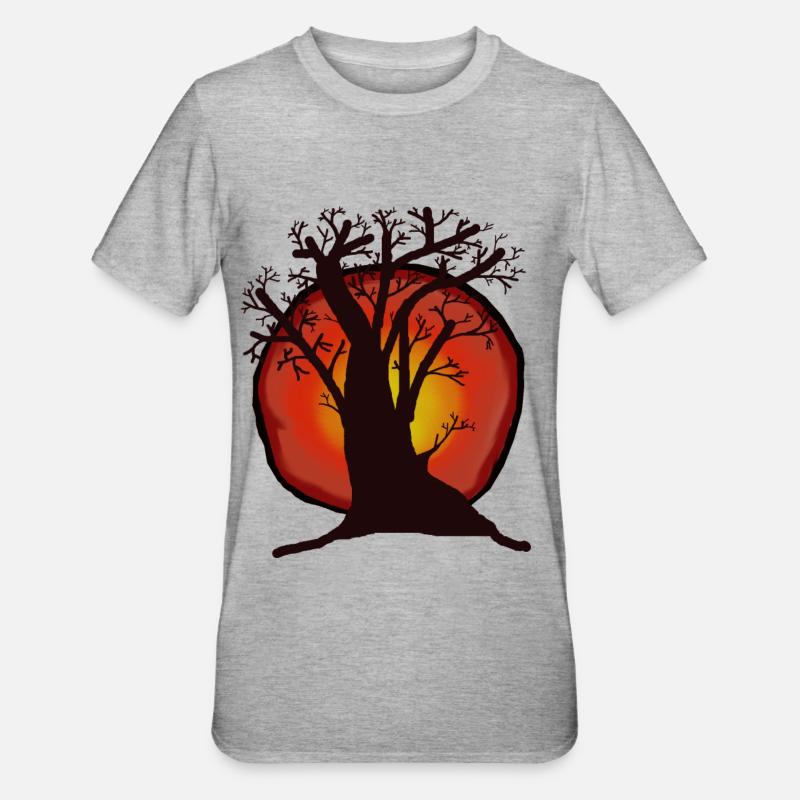 Arbre, Soleil, Coucher De Soleil, Rayons De Soleil, Forêt - T-shirt polycoton Unisexe - gris chiné