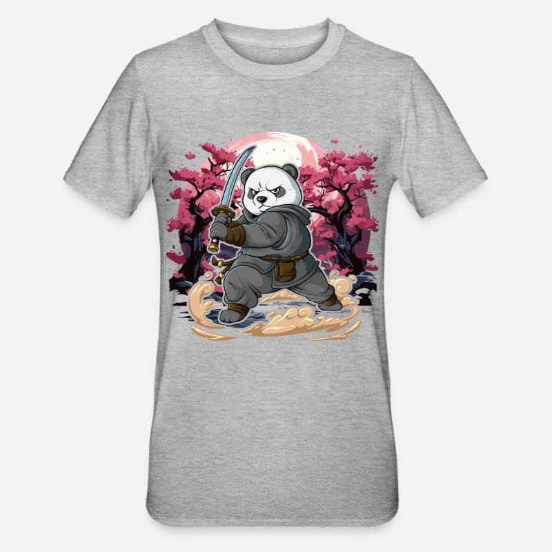 Samurai Panda - Unisex Polycotton T-Shirt - Grau meliert