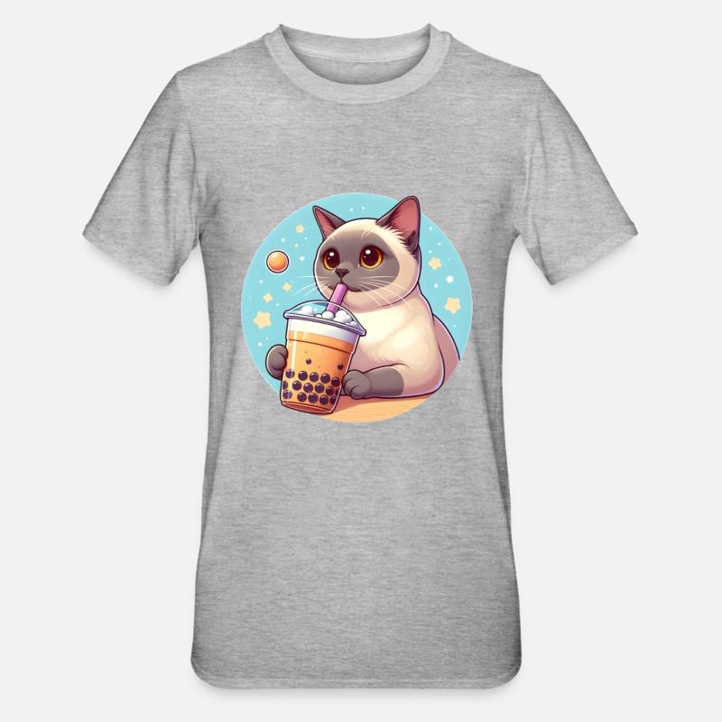 Siamese Cat Having Bubble Tea - Unisex Polycotton T-Shirt - heather grey