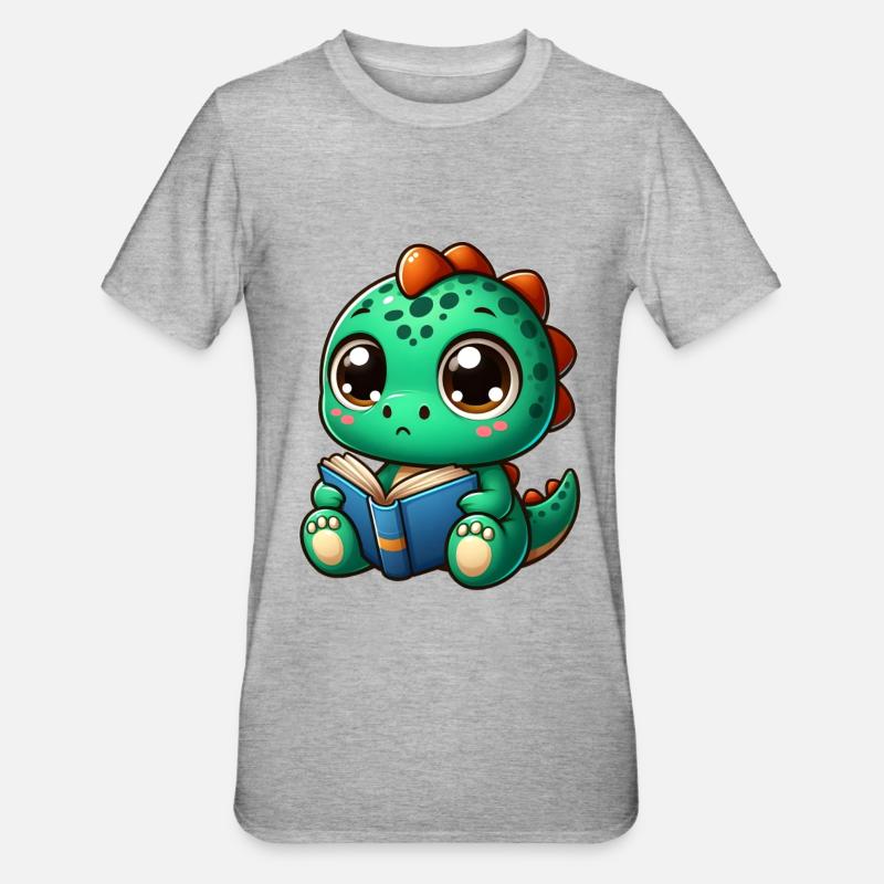 Dino liest ein Buch - Unisex Polycotton T-Shirt - Grau meliert
