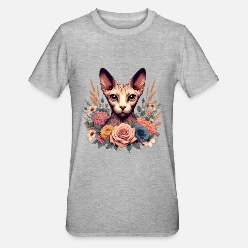 Chat Sphynx avec Fleurs - T-shirt polycoton Unisexe - gris chiné