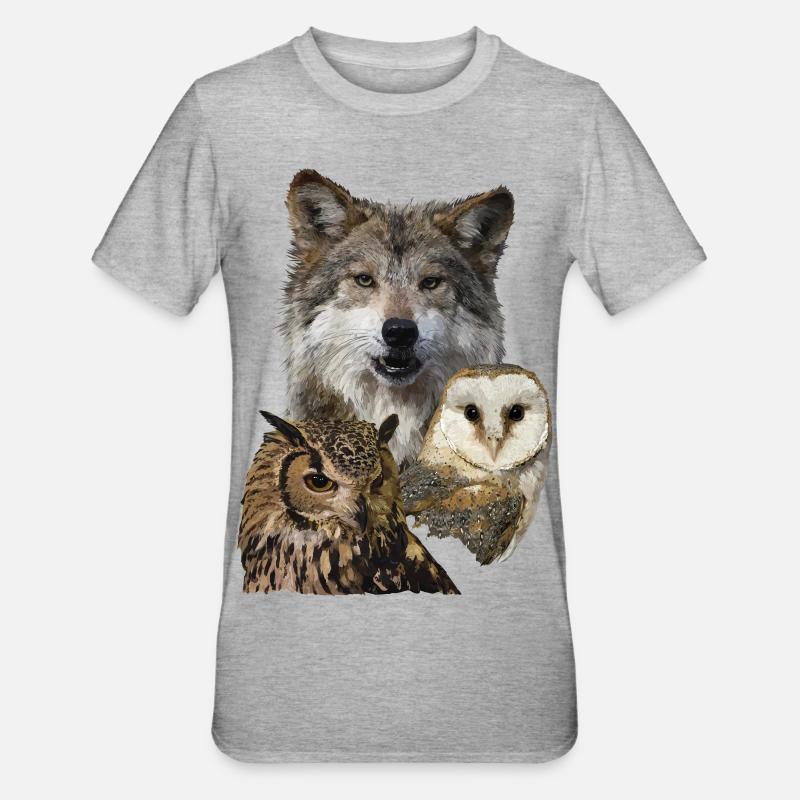 Wolf und Eulen - Unisex Polycotton T-Shirt - Grau meliert