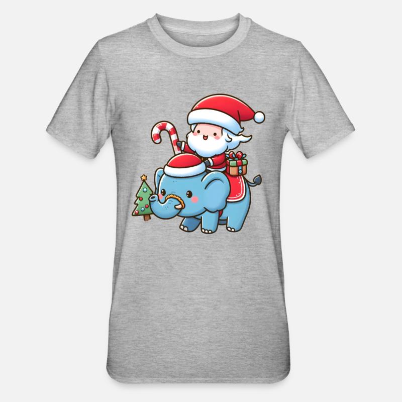 Père Noël mignon sur éléphant - T-shirt polycoton Unisexe - gris chiné
