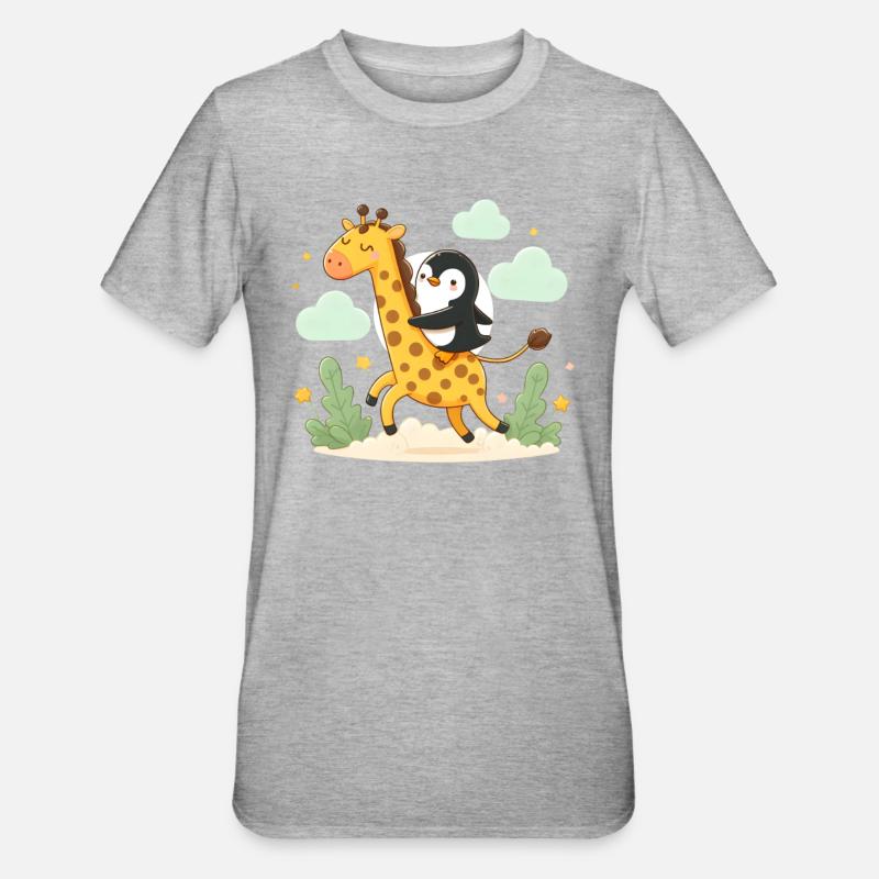 Penguin rides giraffe - Unisex Polycotton T-Shirt - heather grey