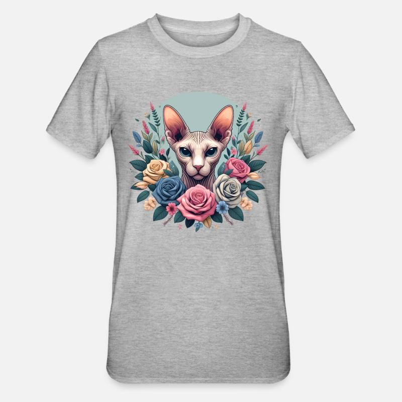 Chat Sphynx avec Fleurs - T-shirt polycoton Unisexe - gris chiné