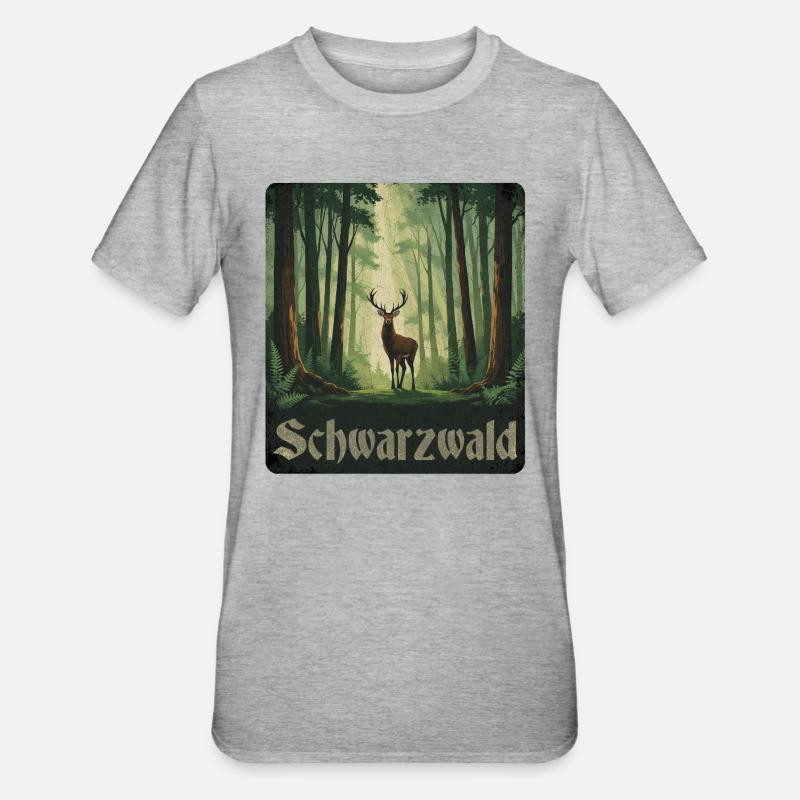 Schwarzwald mit Hirsch - Unisex Polycotton T-Shirt - Grau meliert