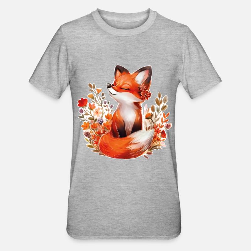 Renard avec des fleurs - T-shirt polycoton Unisexe - gris chiné