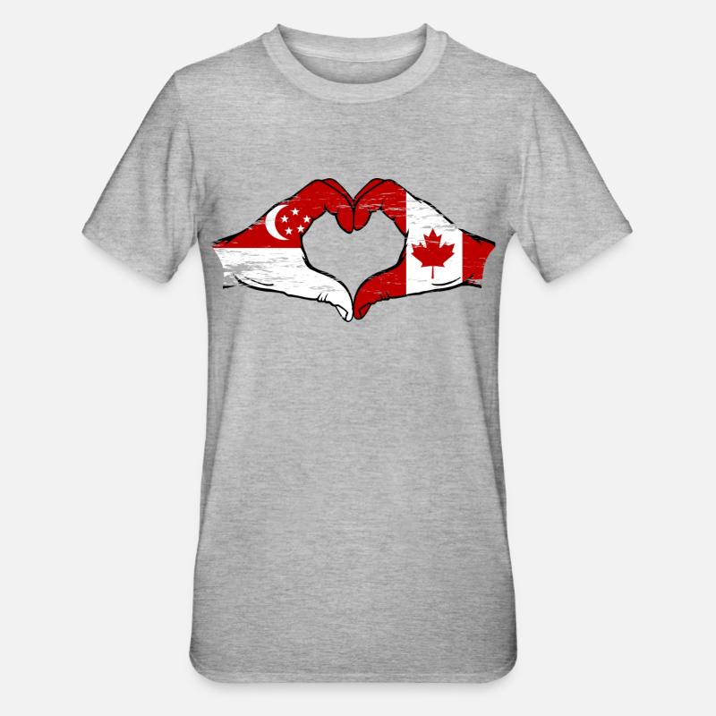 Singapour Canada Drapeau Mains Forme Coeur - T-shirt polycoton Unisexe - gris chiné
