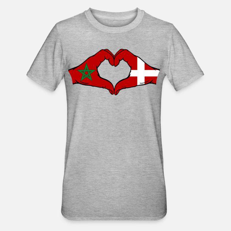 Maroc Danemark drapeau main coeur - T-shirt polycoton Unisexe - gris chiné