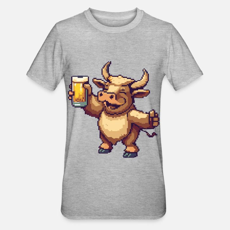 Stier Pixel Bier - Unisex Polycotton T-Shirt - Grau meliert