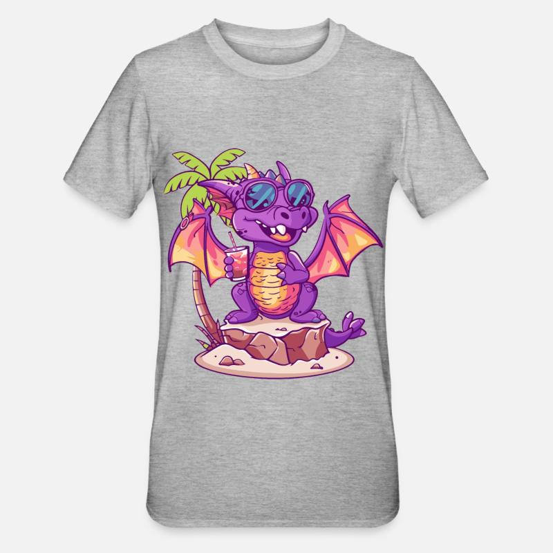 Drache Sommer Strand Comic - Unisex Polycotton T-Shirt - Grau meliert
