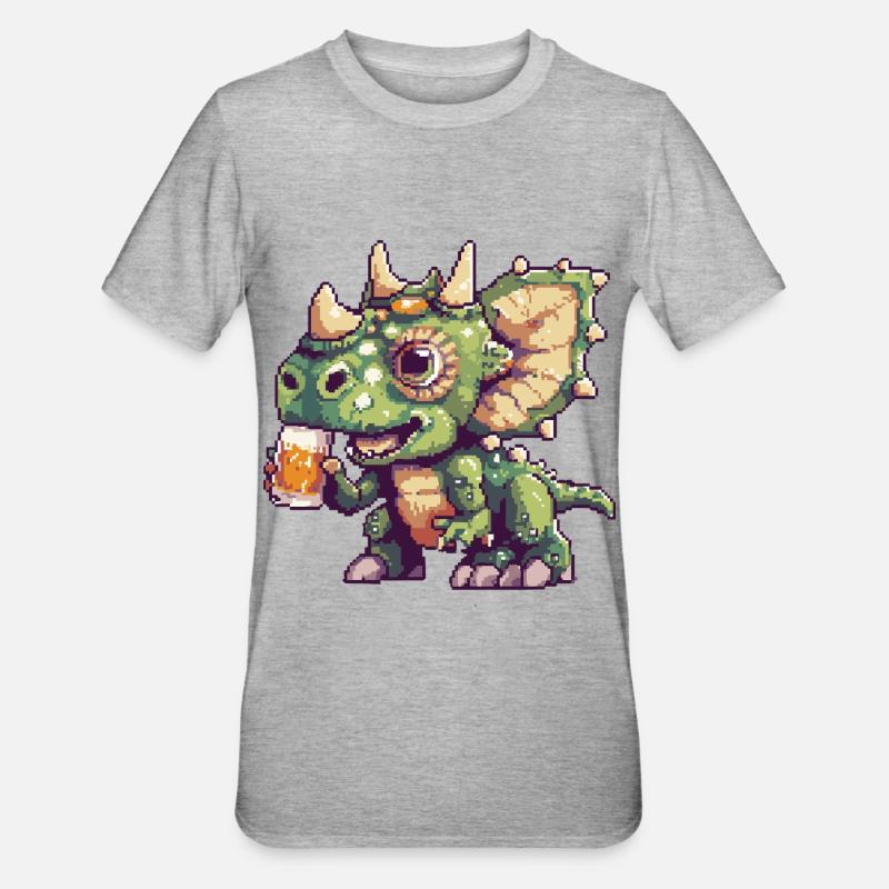 Dinosaur triceratops Pixel Beer - Unisex Polycotton T-Shirt - heather grey