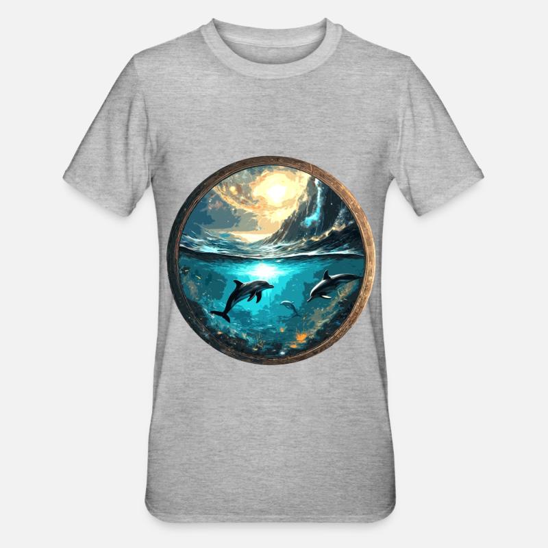 Dolphin,Gold,Water,Sea,Circle,Epic,Reflection - Unisex Polycotton T-Shirt - heather grey