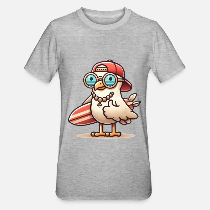 Coole Strandmöwe mit Surfbrett - Unisex Polycotton T-Shirt - Grau meliert