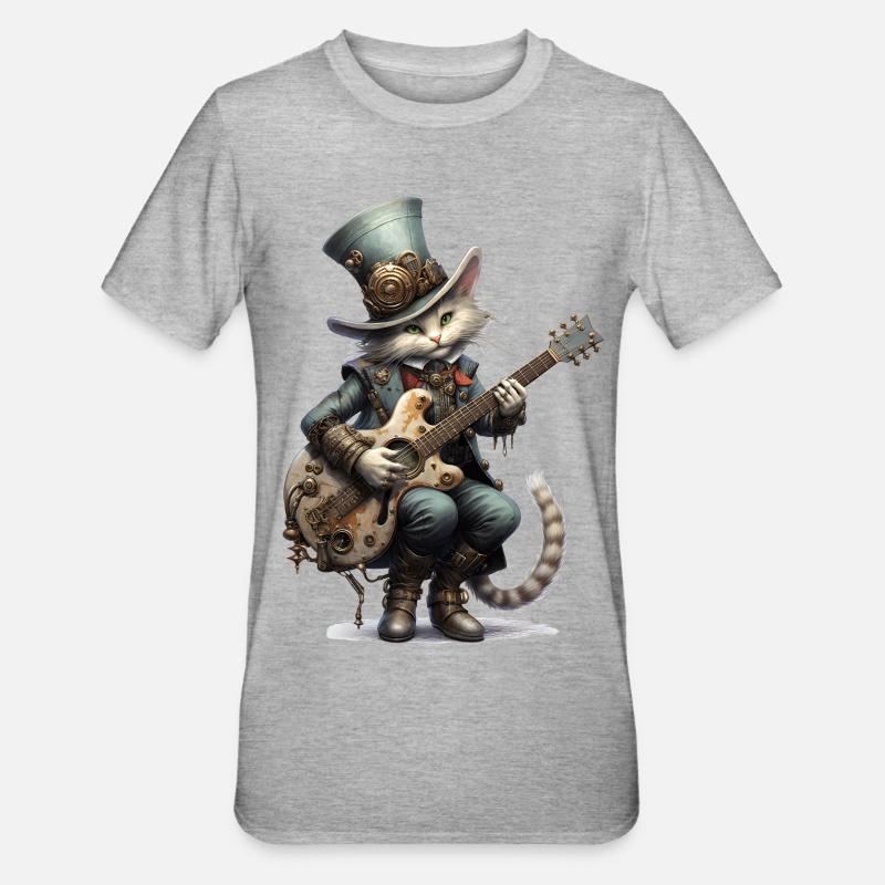 Guitare Playing Cat Steampunk - T-shirt polycoton Unisexe - gris chiné