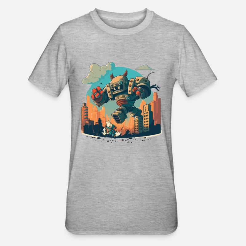 Robot vs Monstres - T-shirt polycoton Unisexe - gris chiné