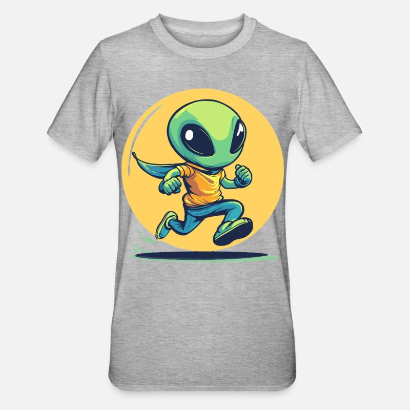 Laufender Alien im Comic-Stil - Unisex Polycotton T-Shirt - Grau meliert