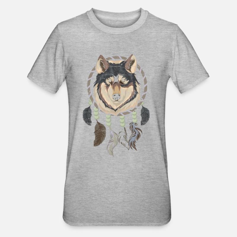 Indianer Federn Boho Traumfänger Wolf - Unisex Polycotton T-Shirt - Grau meliert