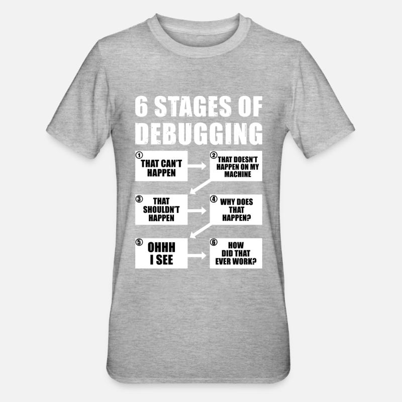 6 Stufen des Debug-Programmierer-Geschenks - Unisex Polycotton T-Shirt - Grau meliert