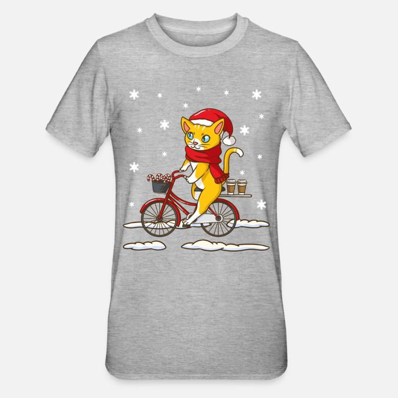 Chat de Noël sur vélo - T-shirt polycoton Unisexe - gris chiné