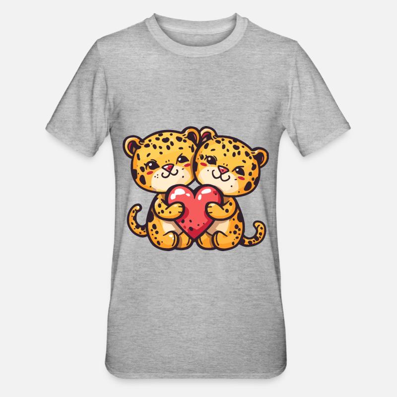 Leopard Comic Paar Liebe - Unisex Polycotton T-Shirt - Grau meliert