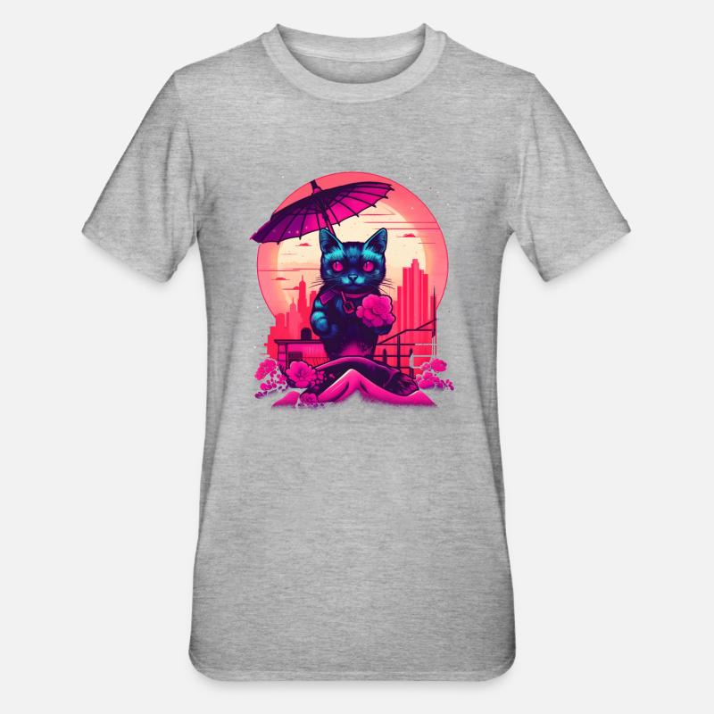 Synthwave japan Chat avec parapluie - T-shirt polycoton Unisexe - gris chiné