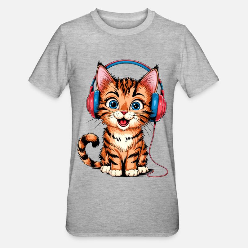 Kopfhörer-Kätzchen - Unisex Polycotton T-Shirt - Grau meliert