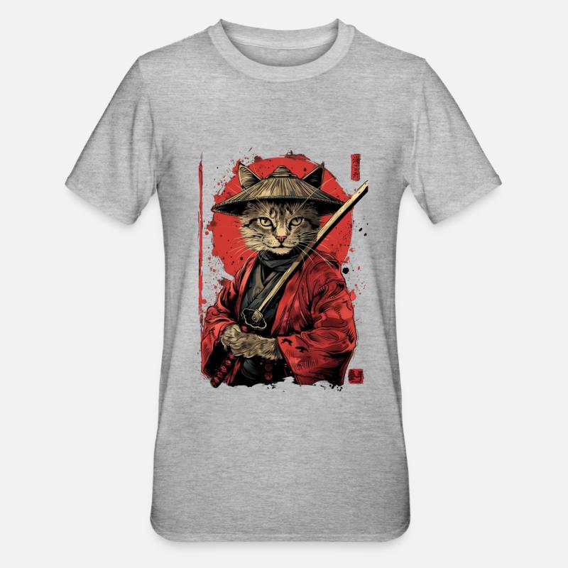Cat Samurai Funny Gift - Unisex Polycotton T-Shirt - heather grey