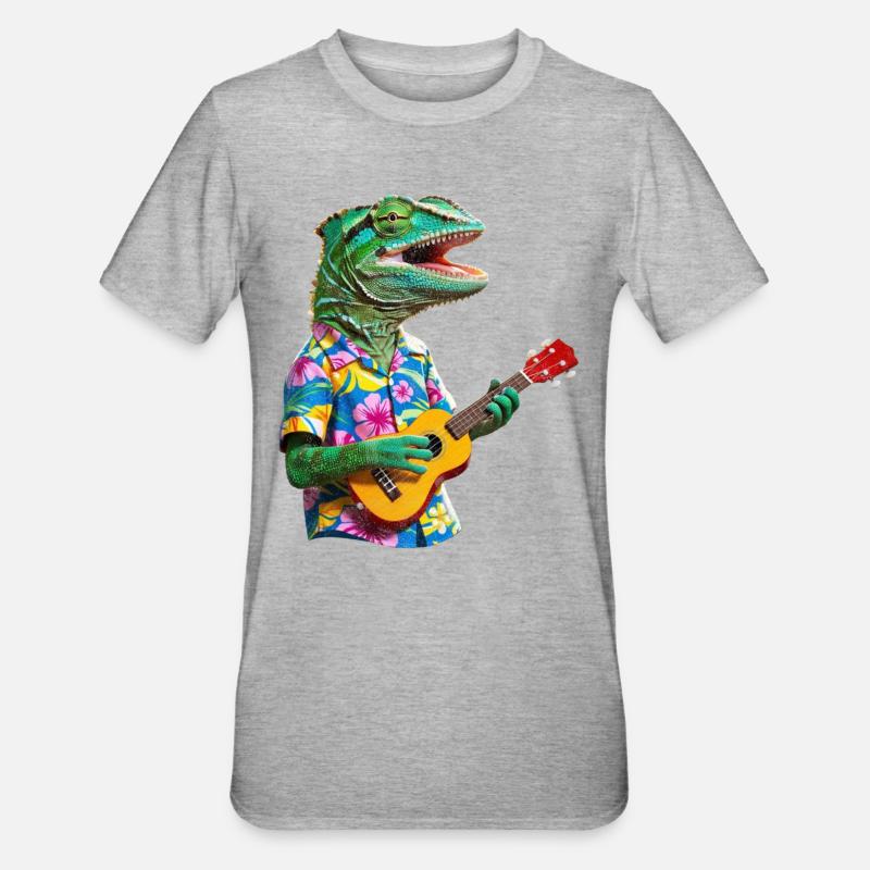 Chameleon joue du ukulélé - T-shirt polycoton Unisexe - gris chiné