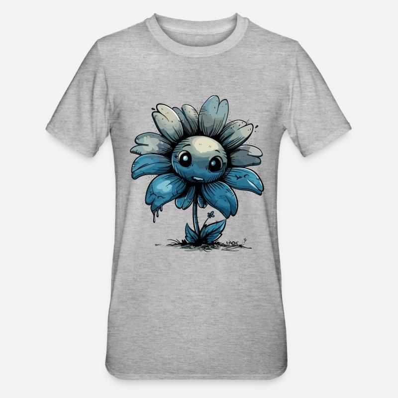 Eine dunkelblaue Comic Blume - Unisex Polycotton T-Shirt - Grau meliert