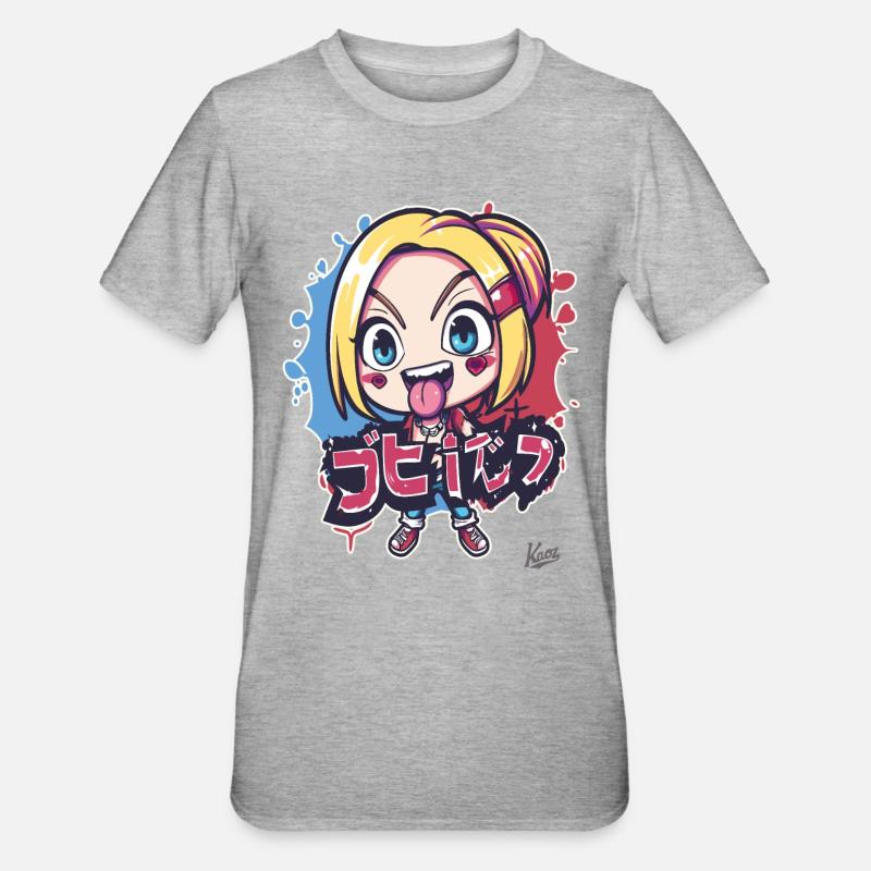 Chibi Freches Cartoon-Mädchen - Unisex Polycotton T-Shirt - Grau meliert
