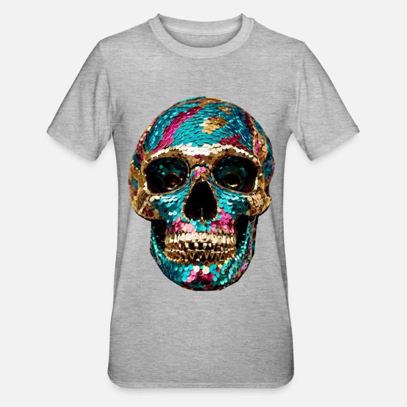 Skull, metallic, sequins, rivets, gold, silver - Unisex Polycotton T-Shirt - heather grey