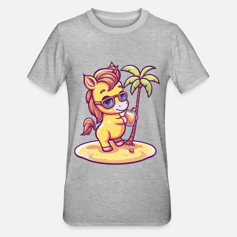 Cheval Été Plage Bande Dessinée - T-shirt polycoton Unisexe - gris chiné