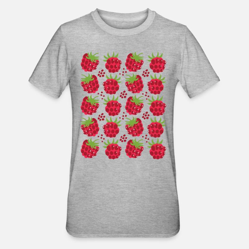 Raspberry Berries Fruit Pattern - Unisex Polycotton T-Shirt - heather grey